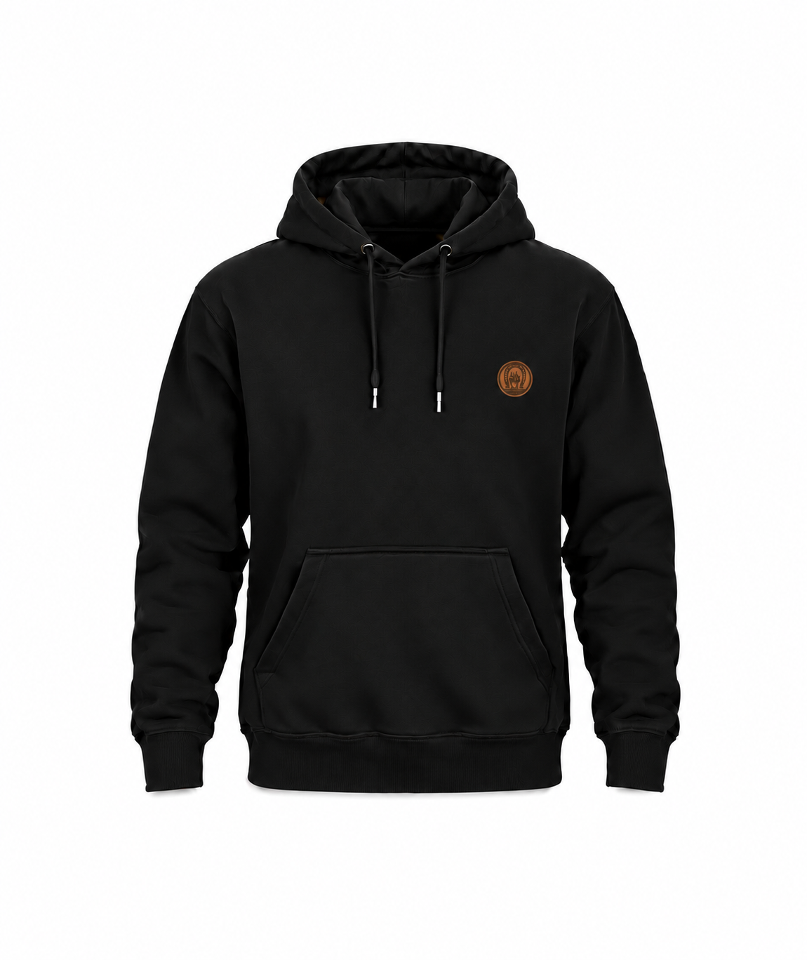 Schwarzer Hufschmied Hoodie mit kleinem kupferfarbenem Brustwappen auf weißem Hintergrund