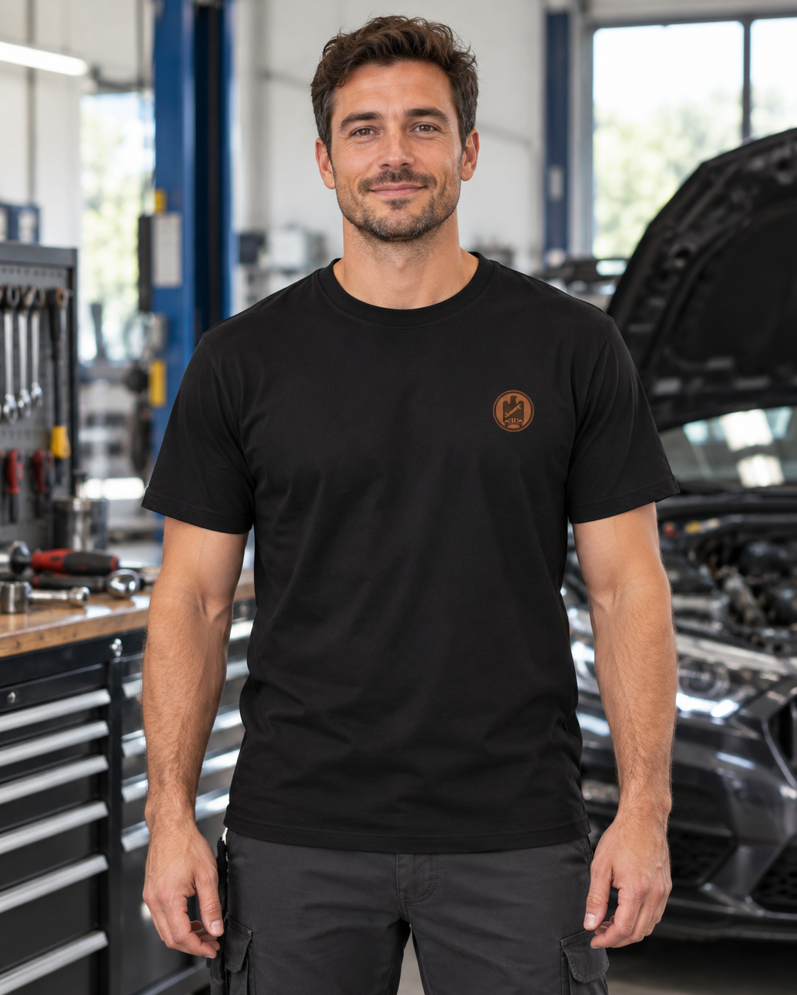 Erwachsener Mann trägt das schwarze Workaholicz Mechatroniker T-Shirt mit kleinem linken Brustwappen in einer Kfz-Werkstatt.