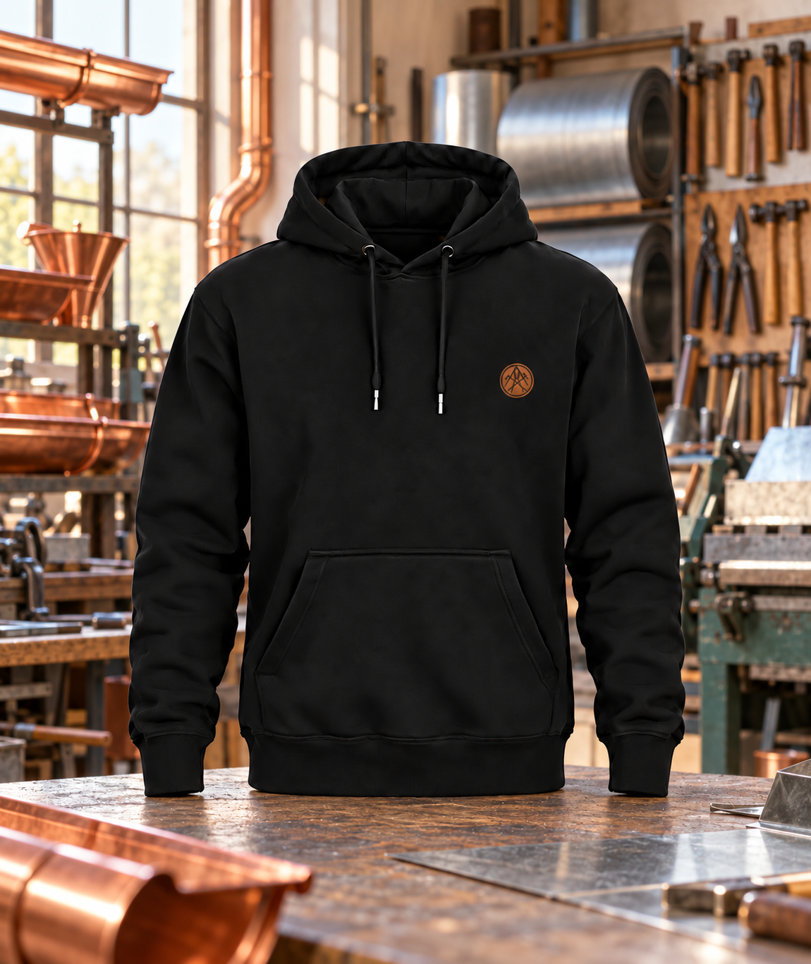 Schwarzer Klempner Hoodie mit kleinem Brustwappen in einer Klempnerwerkstatt