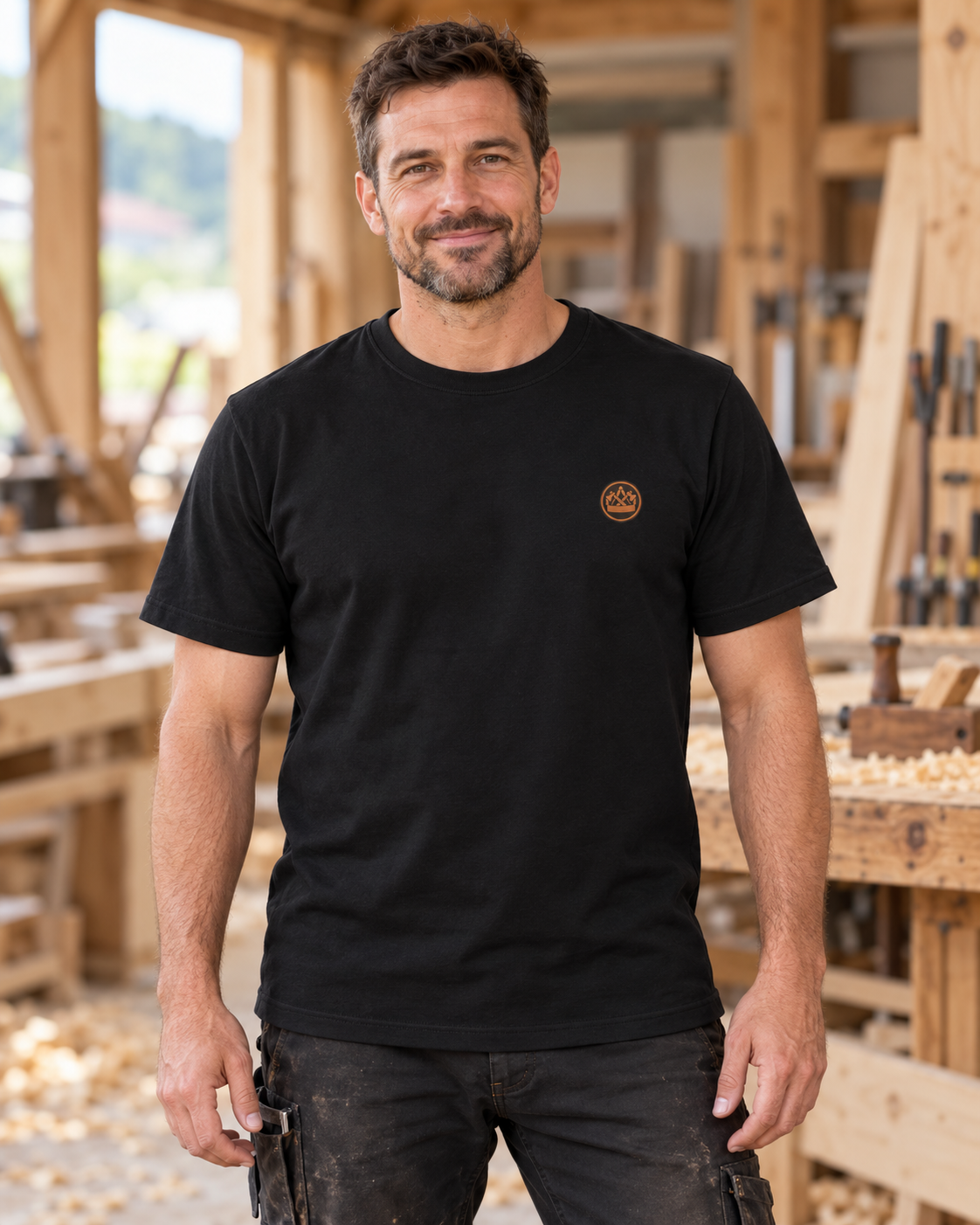 Erwachsener Zimmermann trägt das schwarze Workaholicz T-Shirt mit kleinem Zimmererwappen in einer Zimmerei
