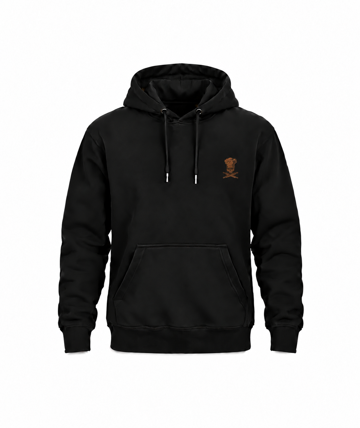 Schwarzer Koch Hoodie mit kleinem kupferfarbenem Brustmotiv auf weißem Hintergrund