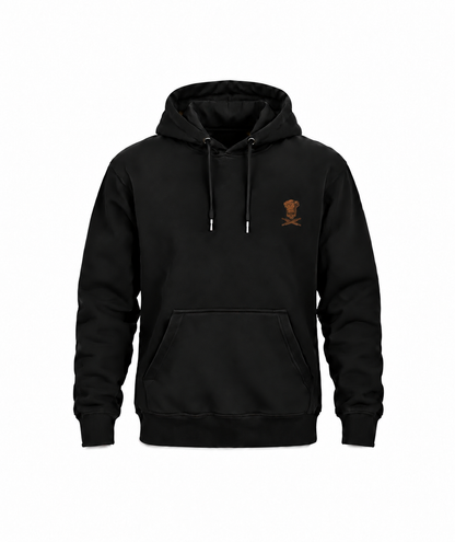 Schwarzer Koch Hoodie mit kleinem kupferfarbenem Brustmotiv auf weißem Hintergrund