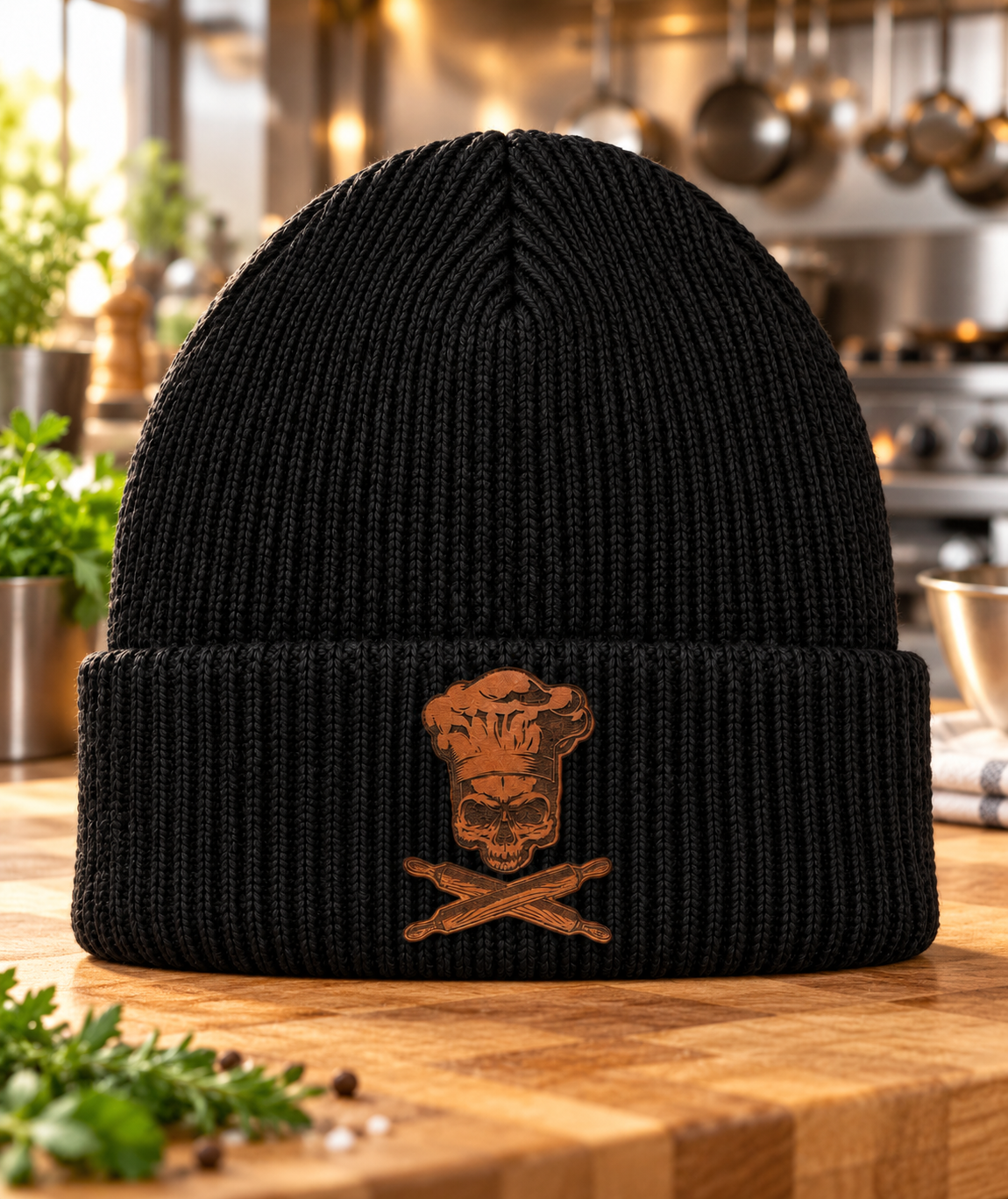Koch Mütze mit Totenkopf-Lederpatch in einer Küche