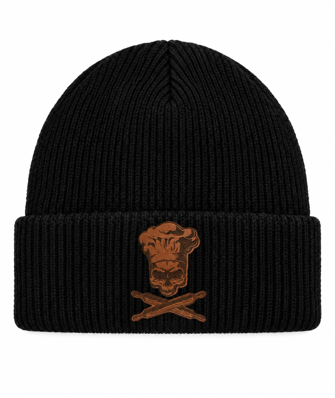 Koch Mütze mit Totenkopf-Lederpatch – weißer Hintergrund