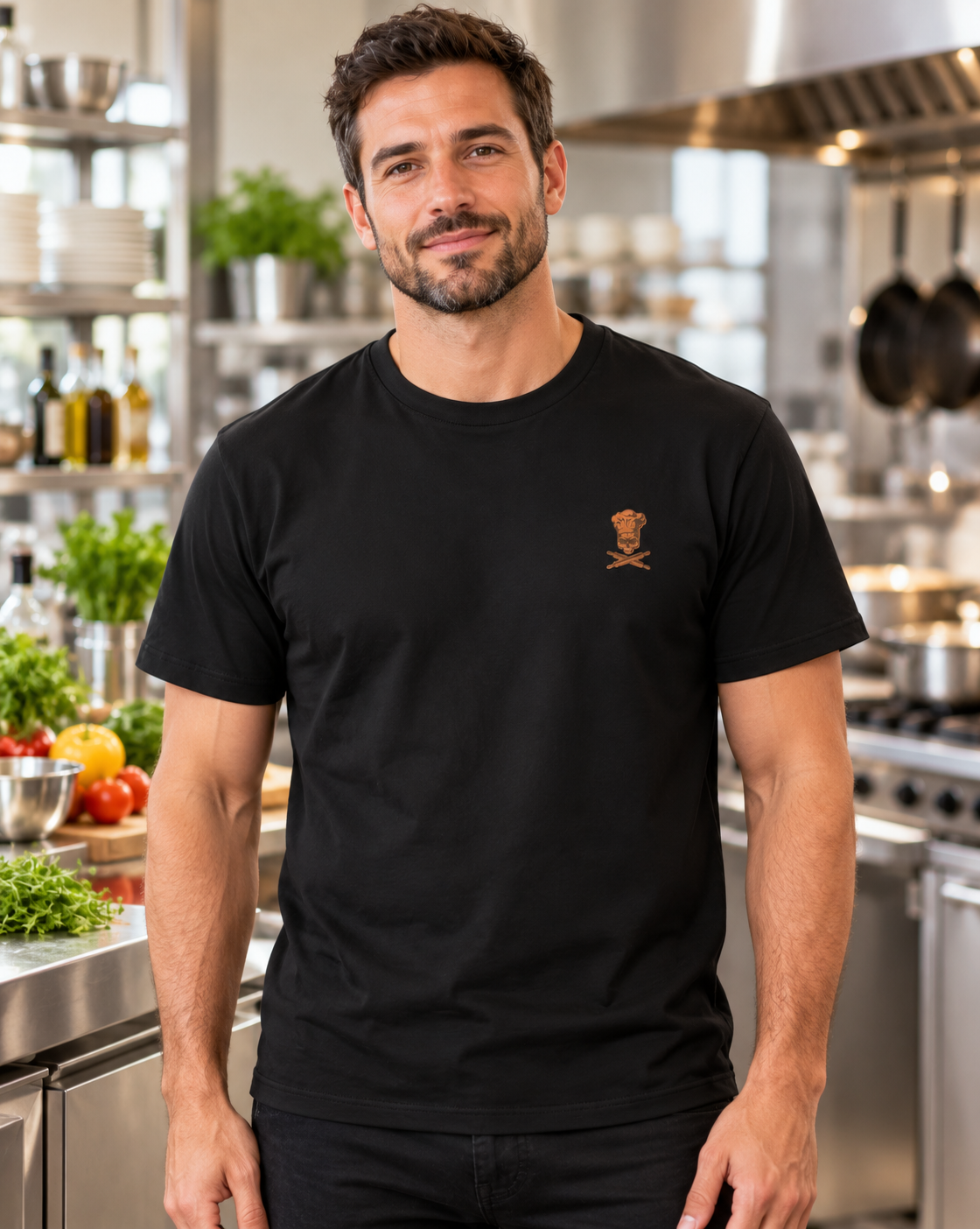Erwachsener Mann trägt das schwarze Workaholicz Koch T-Shirt mit kleinem Totenkopf-Brustmotiv in einer Küche.