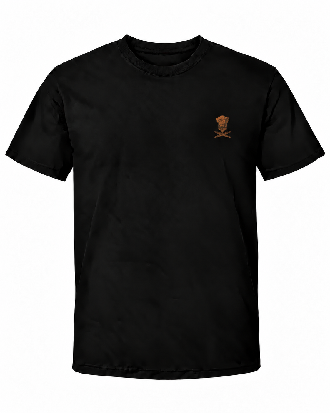 Schwarzes Workaholicz Koch T-Shirt mit kleinem Totenkopf, Kochhaube und gekreuzten Teigrollen auf der linken Brust vor weißem Hintergrund.