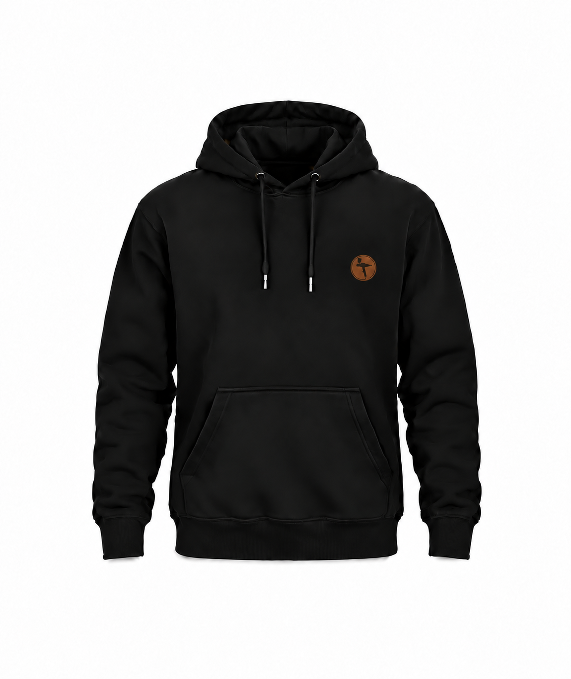 Schwarzer Lackierer Hoodie mit kleinem kupferfarbenem Spritzpistolen-Brustmotiv auf Weiß