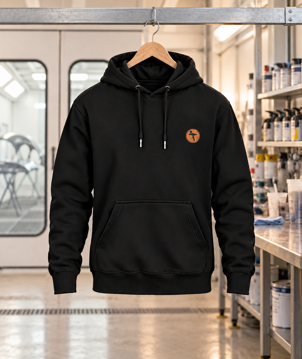Schwarzer Lackierer Hoodie mit kleinem Brustmotiv am Holzkleiderbügel in einer Lackierwerkstatt