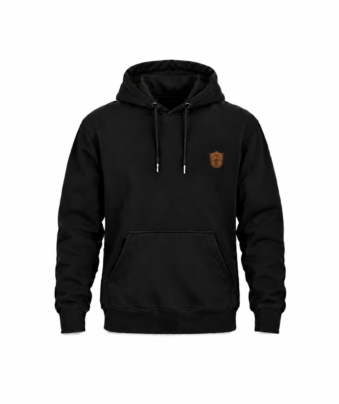 Schwarzer Landwirt Hoodie mit kleinem kupferfarbenem Brustwappen auf Weiß