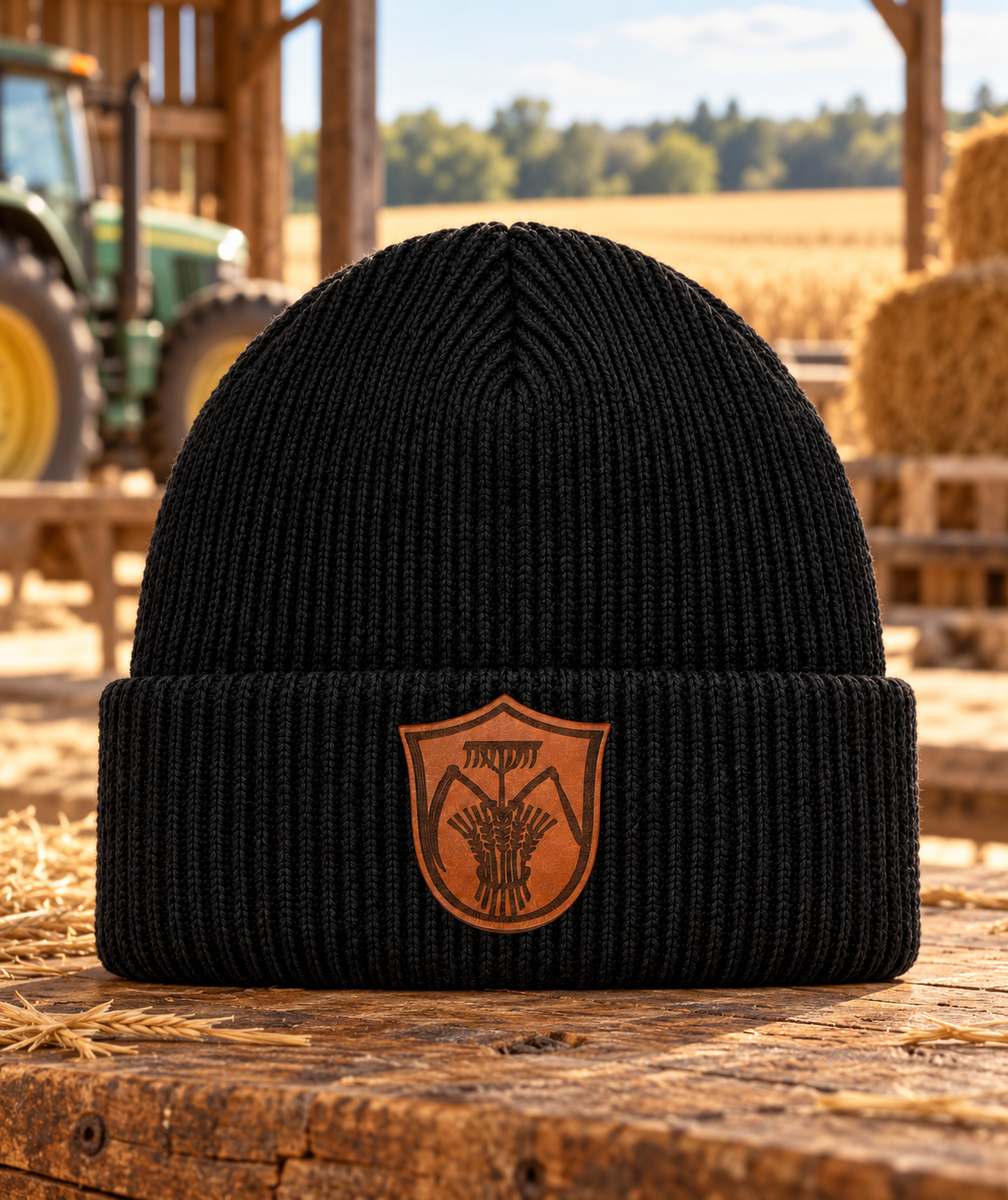 Schwarze Landwirt Mütze mit braunem Wappenpatch auf einem Bauernhof
