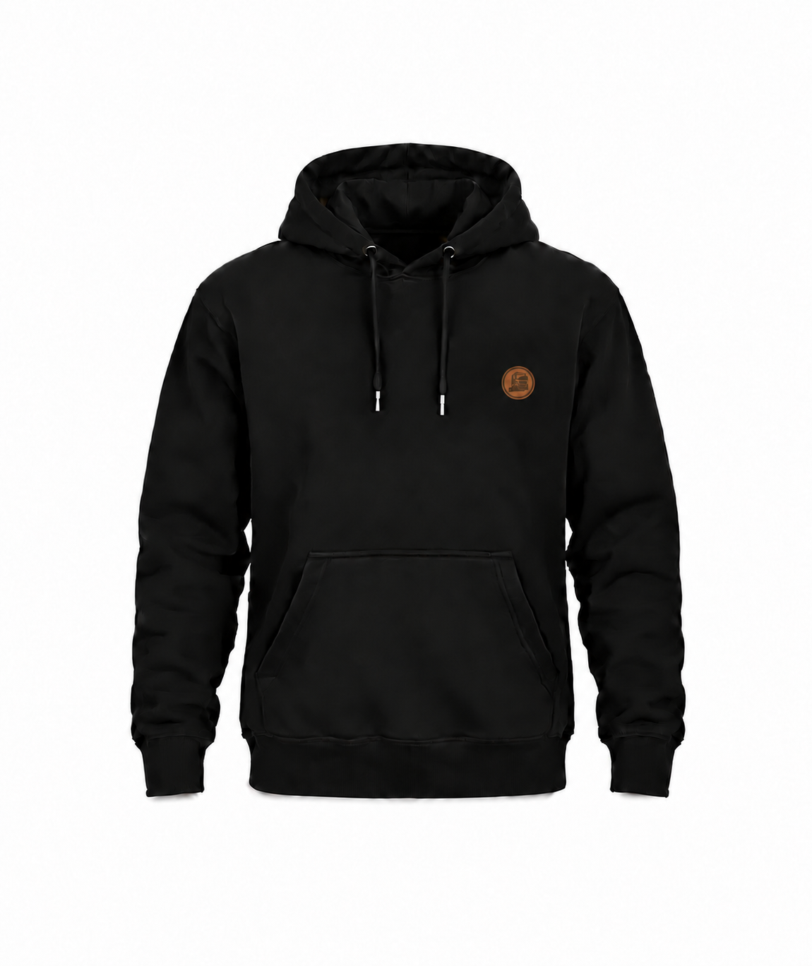 Schwarzer Berufskraftfahrer Hoodie mit kleinem kupferfarbenem LKW-Brustmotiv auf Weiß