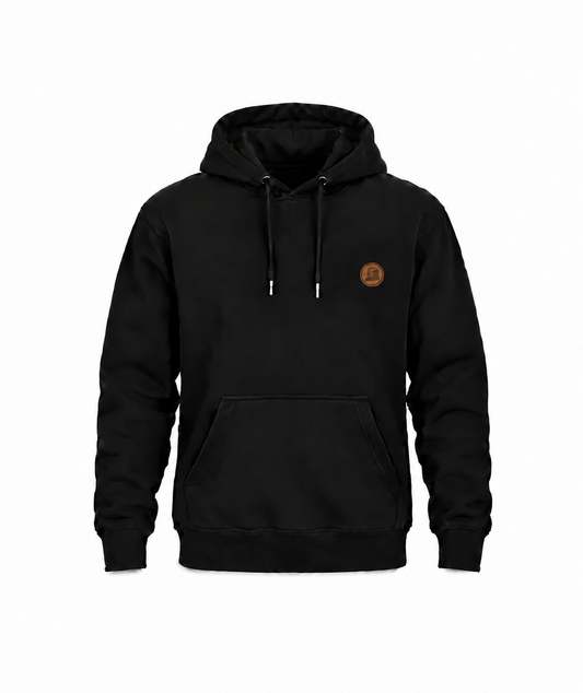 Schwarzer Berufskraftfahrer Hoodie mit kleinem kupferfarbenem LKW-Brustmotiv auf Weiß