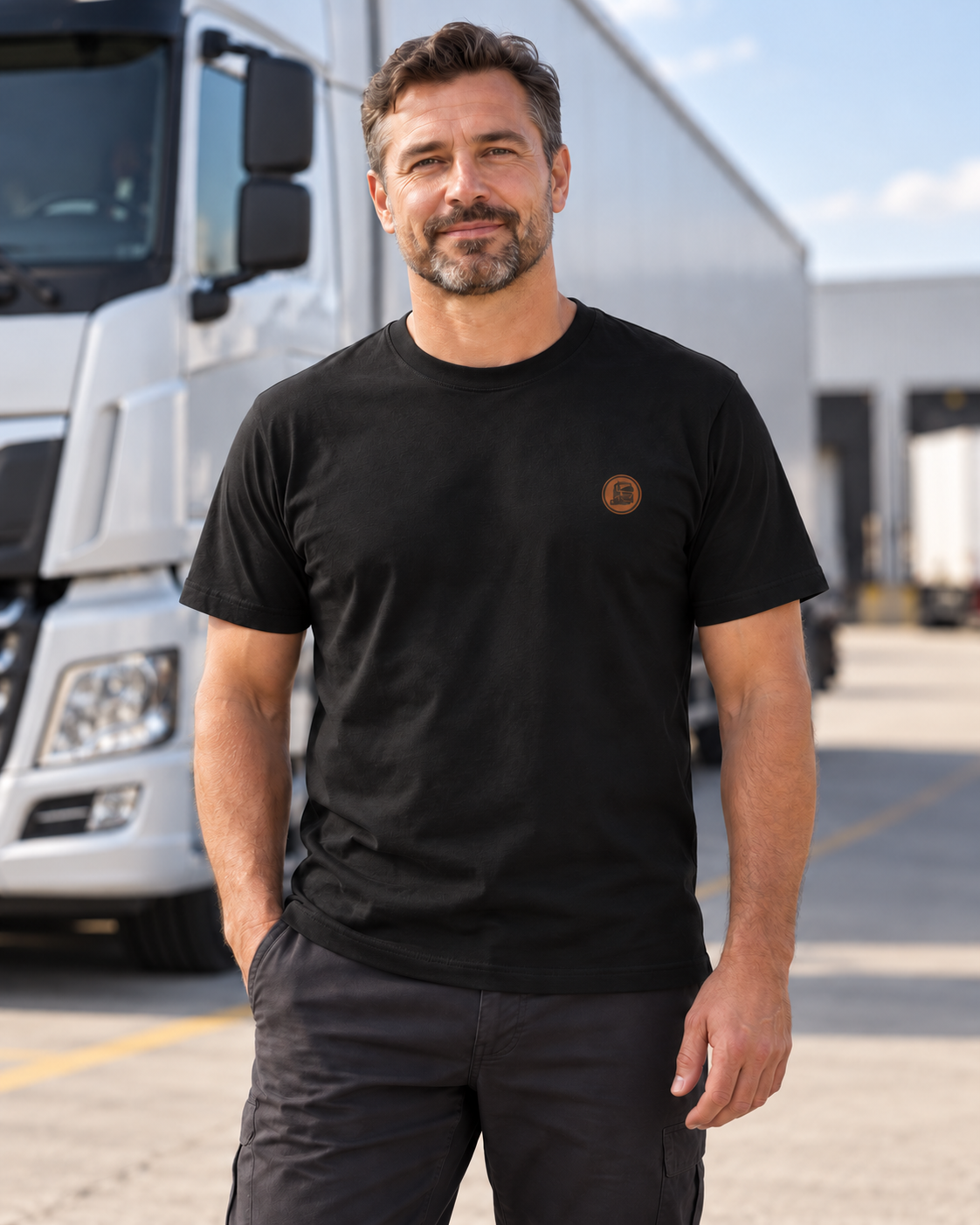 Erwachsener Berufskraftfahrer trägt das schwarze Workaholicz T-Shirt mit kleinem LKW-Brustprint neben einem Lastwagen