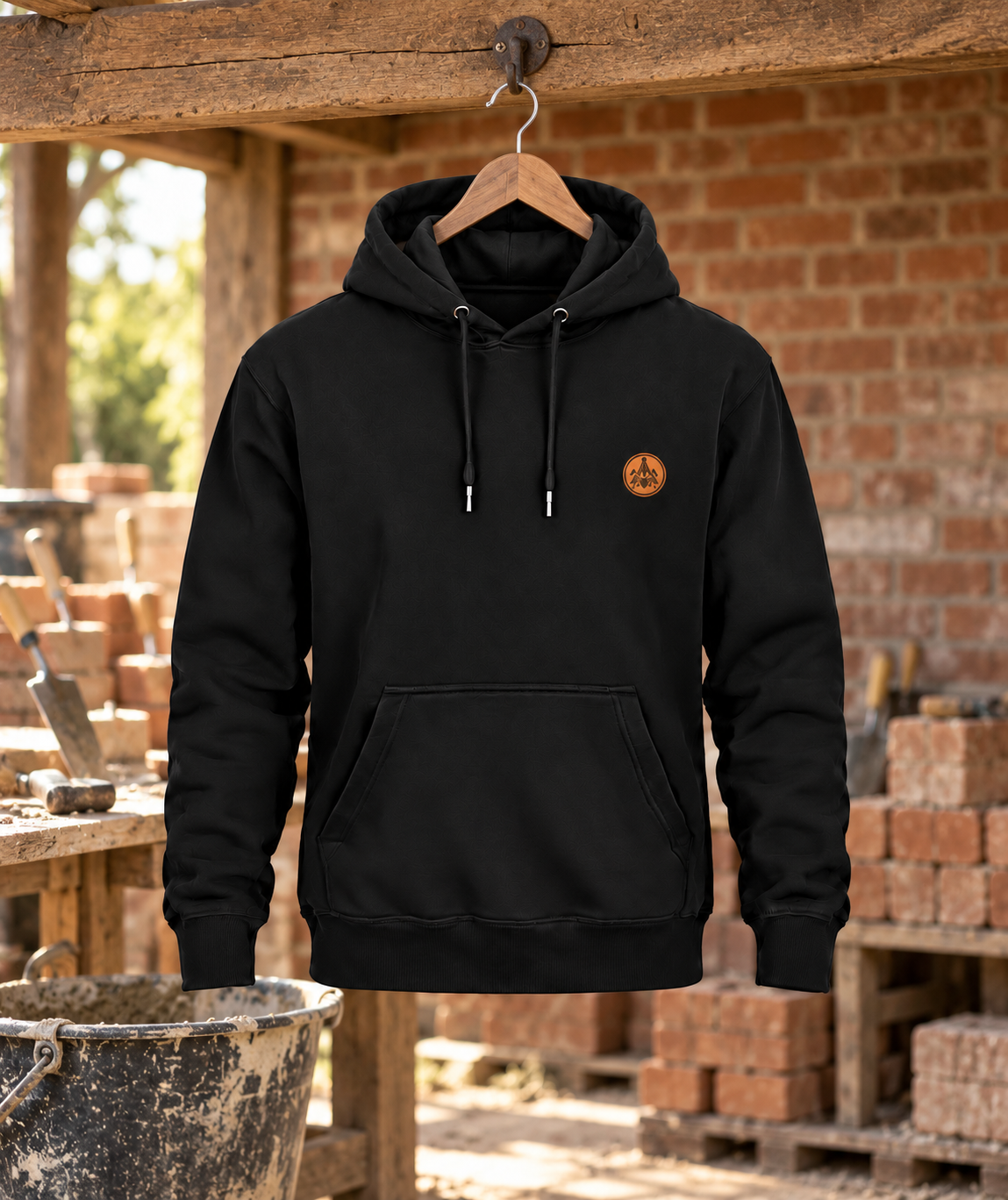 Schwarzer Maurer Hoodie mit kleinem Brustwappen am Holzkleiderbügel vor Mauerwerk und Maurerwerkzeugen