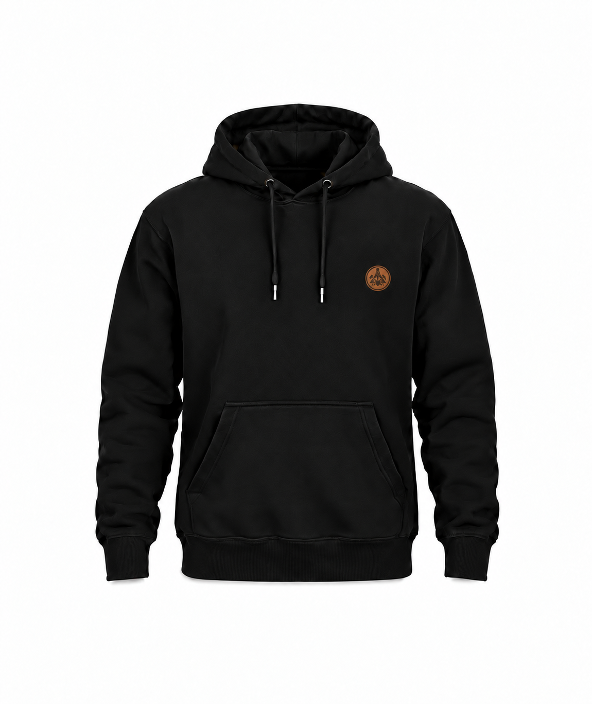 Schwarzer Maurer Hoodie mit kleinem kupferfarbenem Brustwappen auf Weiß