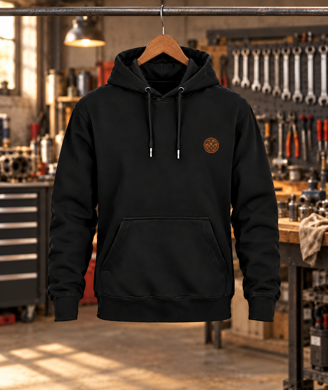Mechatroniker Hoodie am Kleiderbügel in einer Werkstatt – Workaholicz
