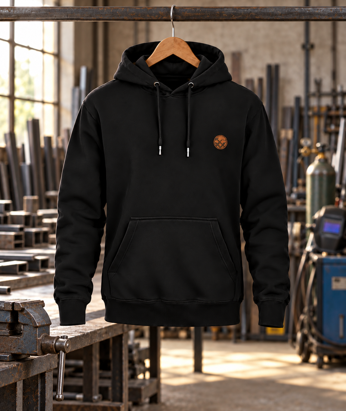 Metallbauer Hoodie am Kleiderbügel in einer Metallwerkstatt – Workaholicz