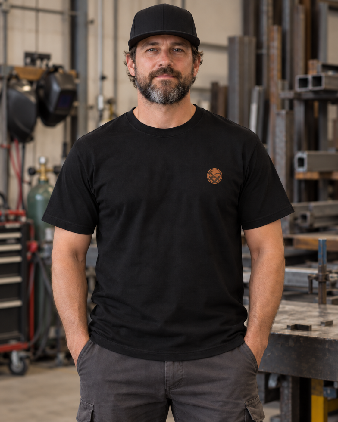 Erwachsener Mann trägt das schwarze Workaholicz Metallbauer T-Shirt ww28 mit kleinem Brustwappen in einer Metallwerkstatt