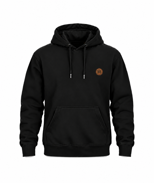 Schwarzer Metzger Hoodie mit kleinem Brustwappen – Workaholicz
