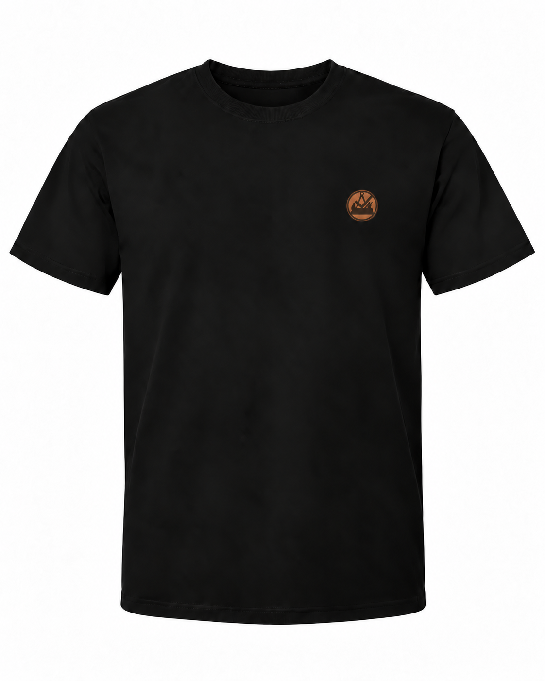 Schwarzes Workaholicz Schreiner T-Shirt mit kleinem kupferbraunem Brustwappen vor weißem Hintergrund