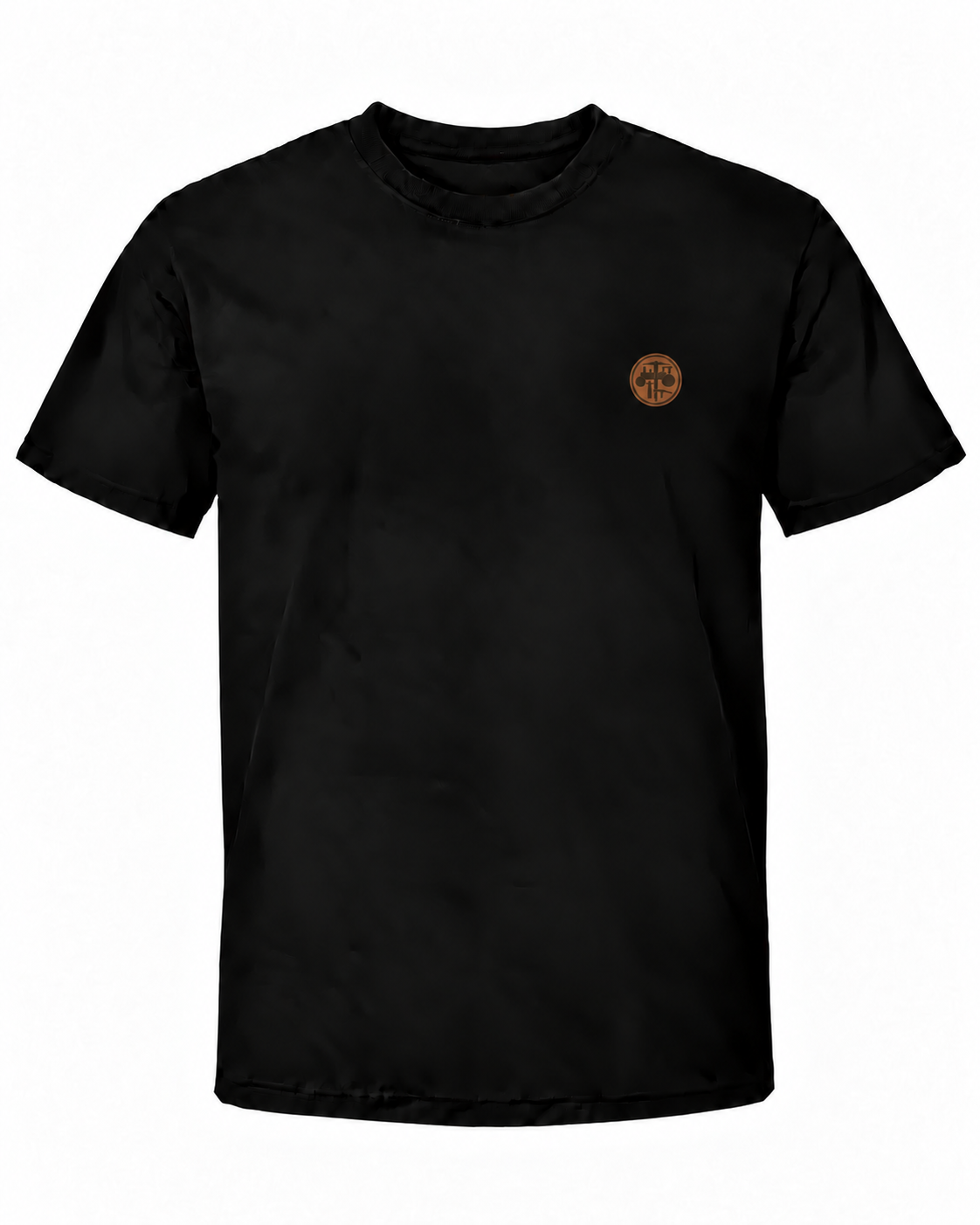 Schwarzes Workaholicz Pflasterer T-Shirt ww30 mit kleinem Wappenprint auf der linken Brust vor weißem Hintergrund