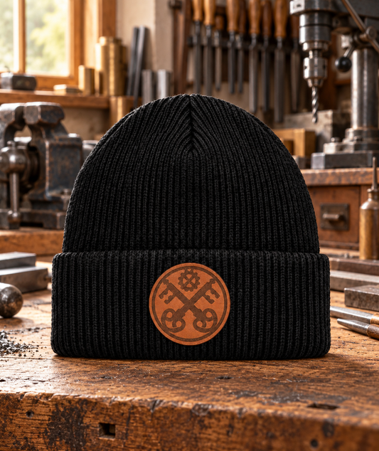 Schwarze Schlosser Mütze mit braunem Schlüsselpatch in einer Schlosserwerkstatt