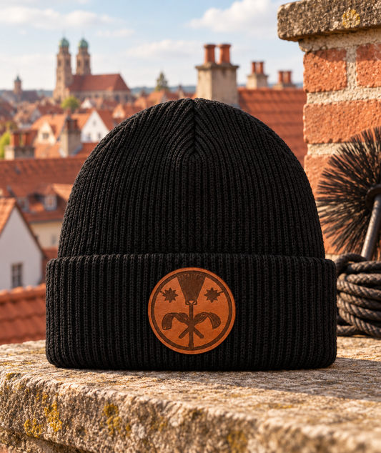 Schwarze Schornsteinfeger Mütze mit braunem Zunftpatch neben einem Schornstein