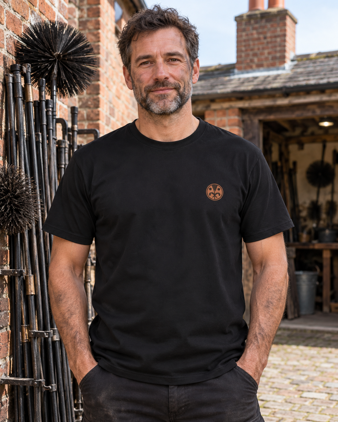Erwachsener Schornsteinfeger trägt das schwarze Workaholicz T-Shirt mit kleinem Brustwappen neben Kehrbürsten in einem Backsteinhof